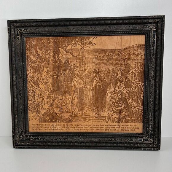 Handmade Wood Burned Artwork 14” X 12 1/4” Brown Wall Framed Bible Scene Signed - Picture 2 of 9